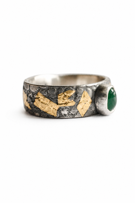 Weathered Ring - Emerald Sand Cast Silver Ring