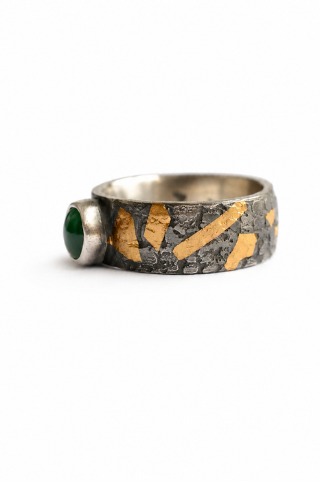 Weathered Ring - Emerald Sand Cast Silver Ring