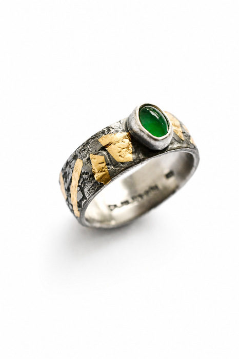 Weathered Ring - Emerald Sand Cast Silver Ring