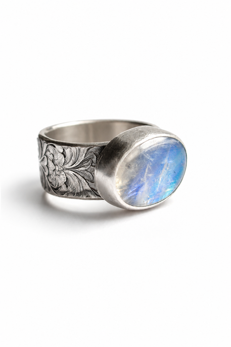 Blue Moonstone Ring in Textured Oxidized Silver