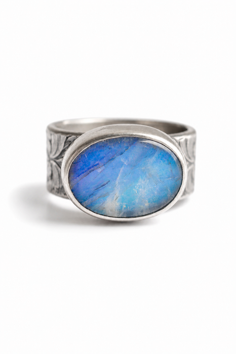 Blue Moonstone Ring in Textured Oxidized Silver