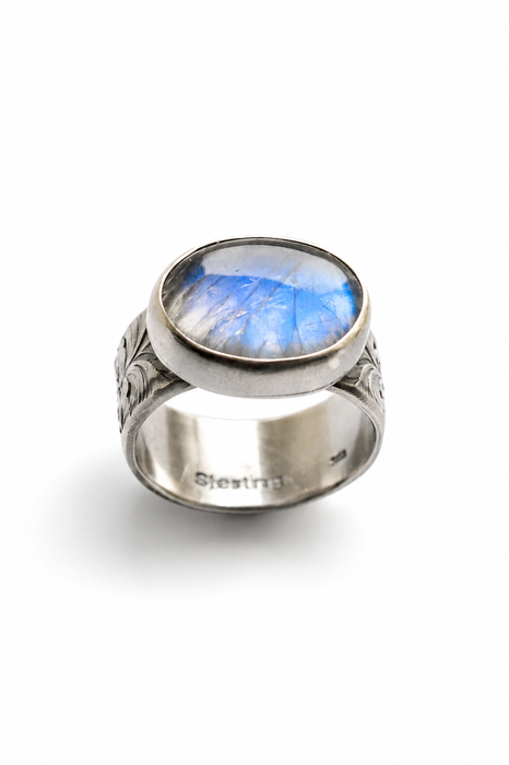 Blue Moonstone Ring in Textured Oxidized Silver