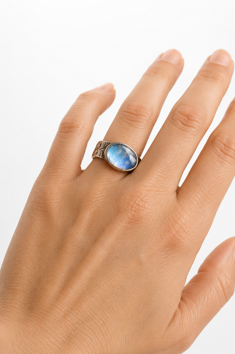Blue Moonstone Ring in Textured Oxidized Silver