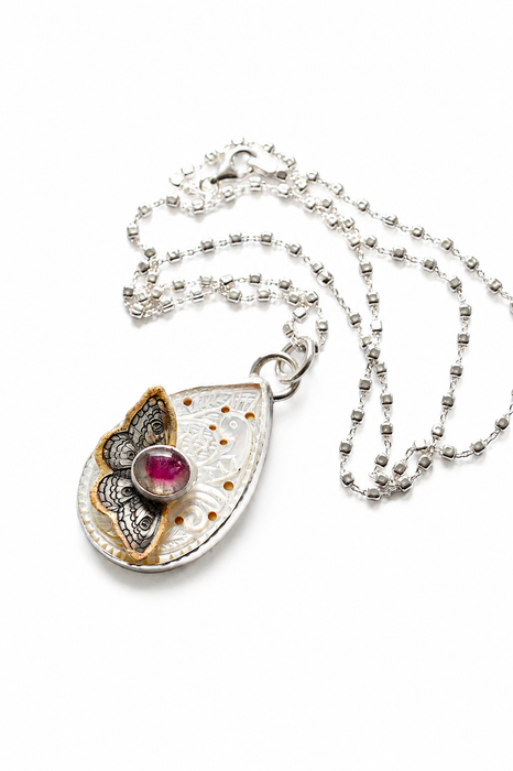 Rustic Style Carved Mother of Pearl Necklace with Tourmaline