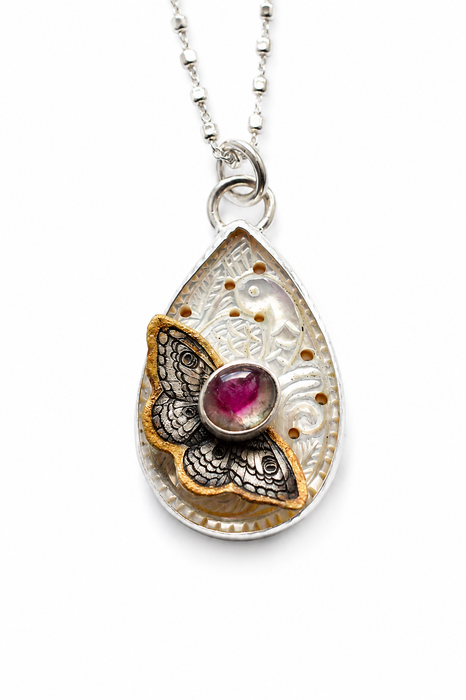 Rustic Style Carved Mother of Pearl Necklace with Tourmaline