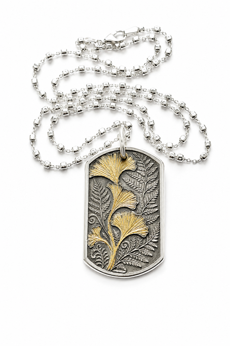 Ginkgo and Fern Dog Tag Pendant in Silver