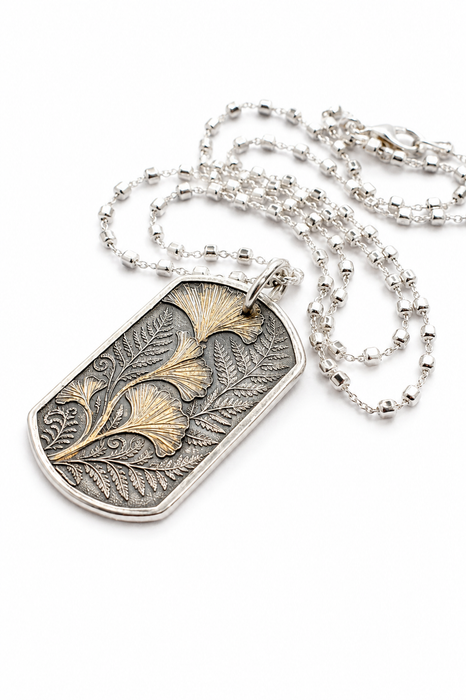 Ginkgo and Fern Dog Tag Pendant in Silver