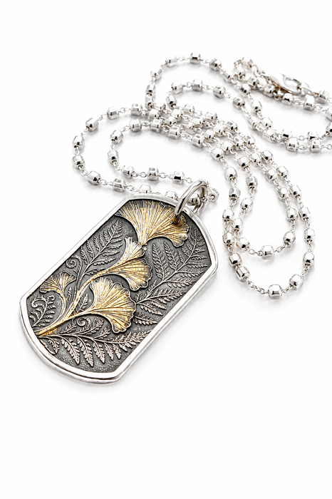Ginkgo and Fern Dog Tag Pendant in Silver