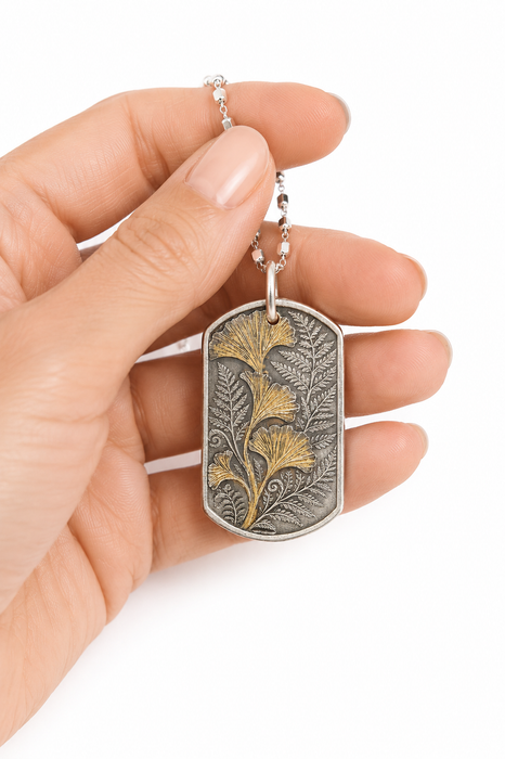 Ginkgo and Fern Dog Tag Pendant in Silver