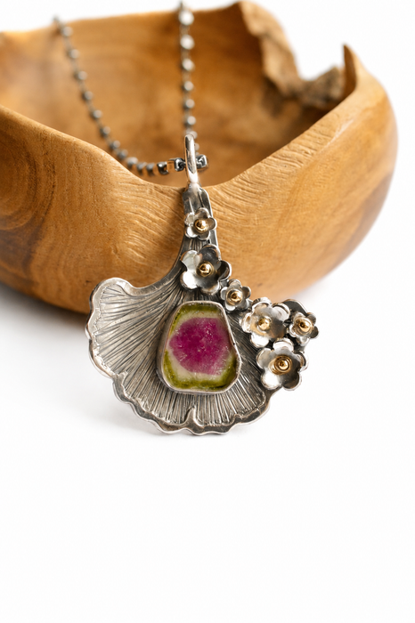 Watermelon Tourmaline & Ginkgo Necklace