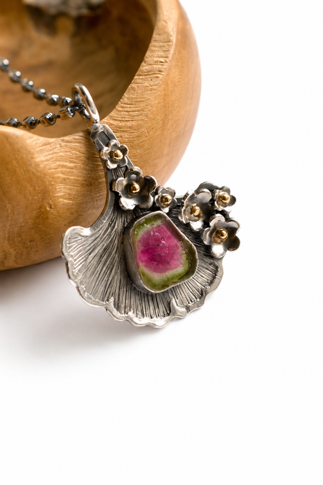 Watermelon Tourmaline & Ginkgo Necklace