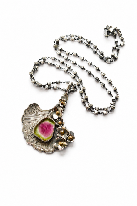 Watermelon Tourmaline & Ginkgo Necklace