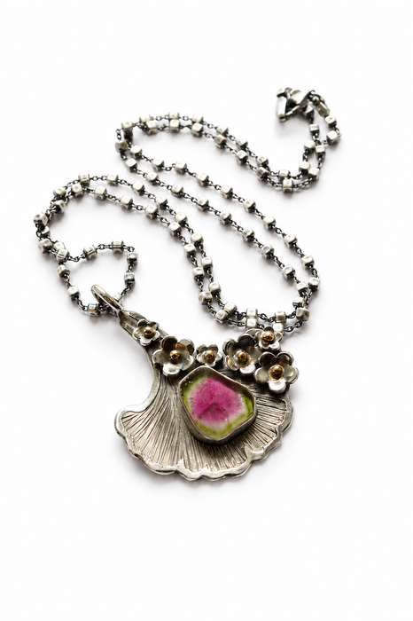 Watermelon Tourmaline & Ginkgo Necklace