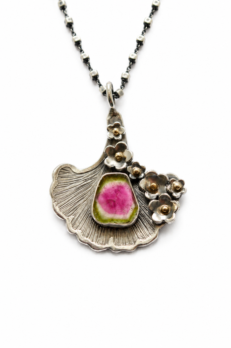 Watermelon Tourmaline & Ginkgo Necklace