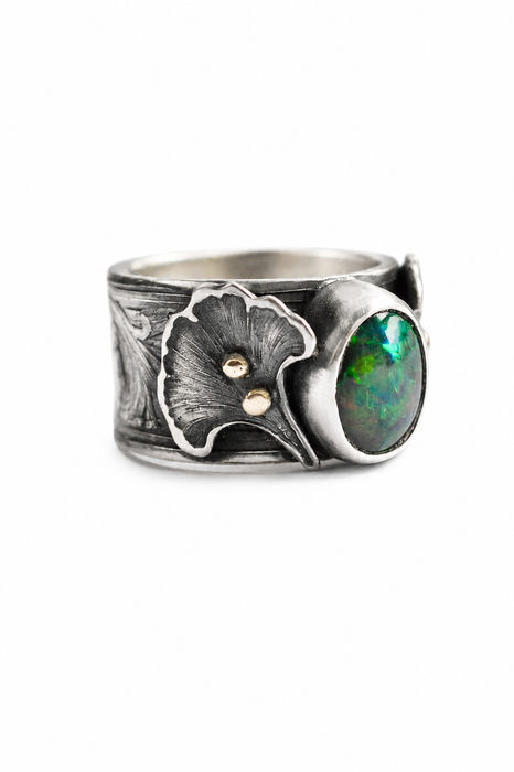 Gingko Opal Ring in Oxidized Silver