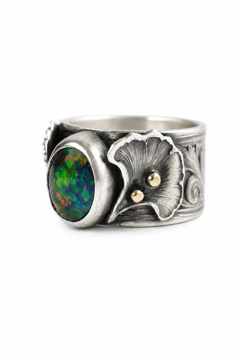 Gingko Opal Ring in Oxidized Silver