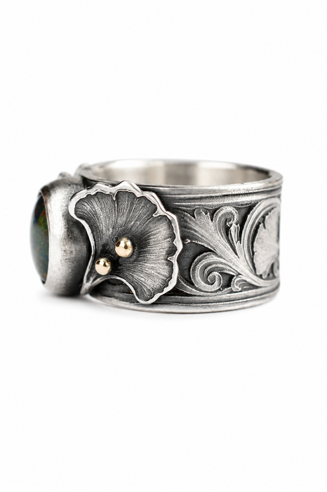 Gingko Opal Ring in Oxidized Silver