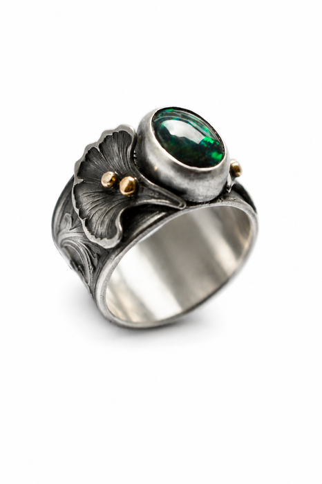 Gingko Opal Ring in Oxidized Silver