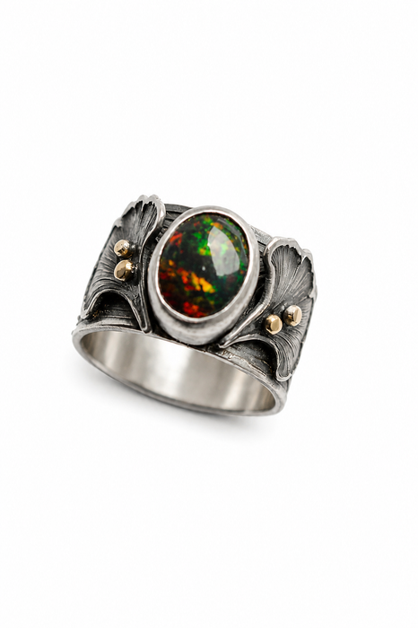 Gingko Opal Ring in Oxidized Silver