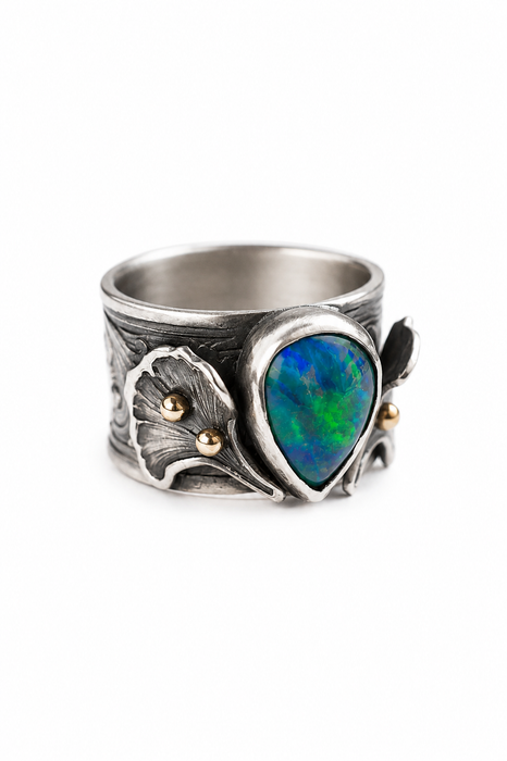 Gingko Opal Ring in Oxidized Silver