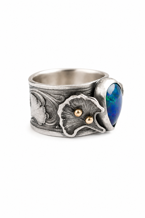 Gingko Opal Ring in Oxidized Silver