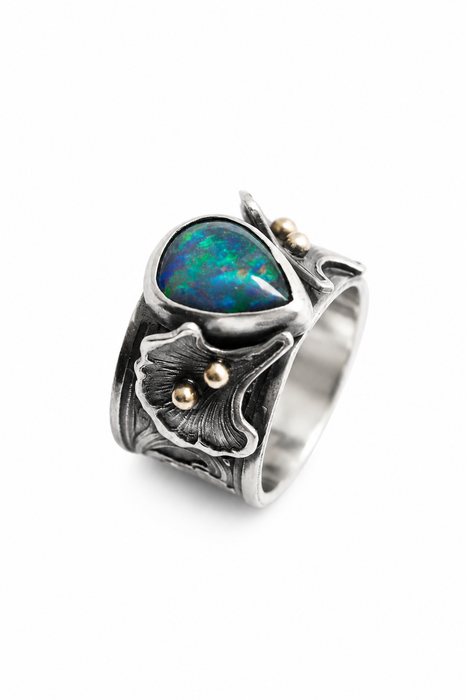 Gingko Opal Ring in Oxidized Silver