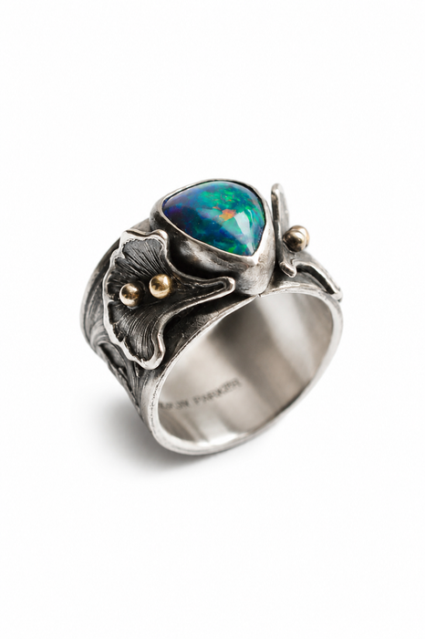 Gingko Opal Ring in Oxidized Silver