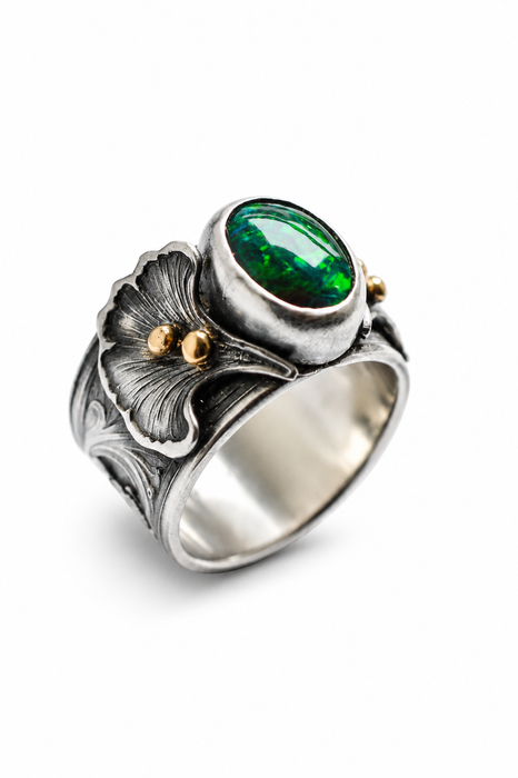 Gingko Opal Ring in Oxidized Silver