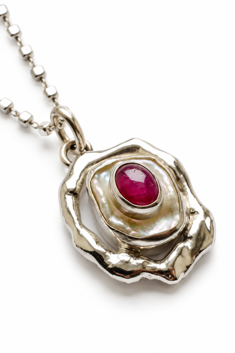 Keshi Pearl & Ruby Organic Style Silver Necklace