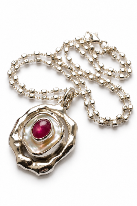 Keshi Pearl & Ruby Organic Style Silver Necklace