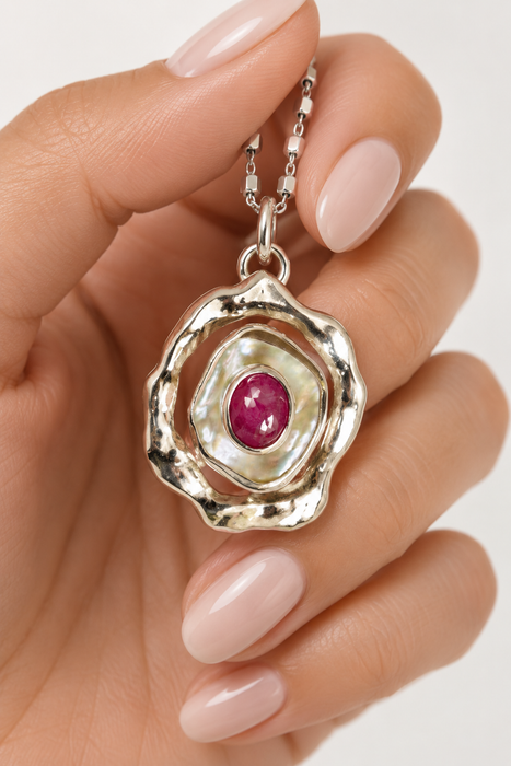 Keshi Pearl & Ruby Organic Style Silver Necklace