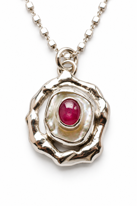 Keshi Pearl & Ruby Organic Style Silver Necklace