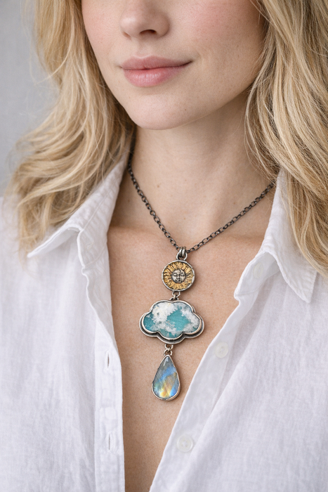 One of a Kind Celestial Necklace with Plume Agate Cloud and Rainbow Moonstone