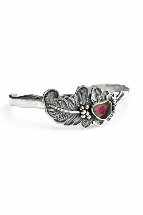 Hand Engraved Feather Cuff with Watermelon Tourmaline