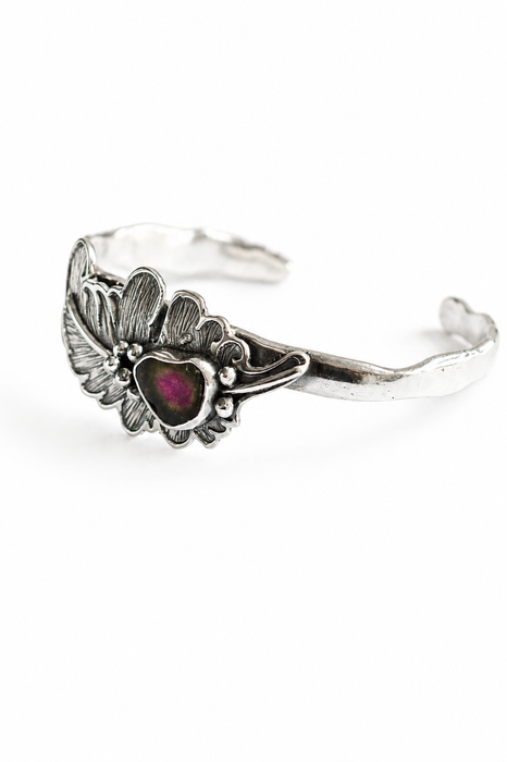 Hand Engraved Feather Cuff with Watermelon Tourmaline