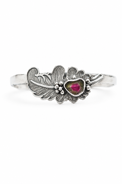 Hand Engraved Feather Cuff with Watermelon Tourmaline