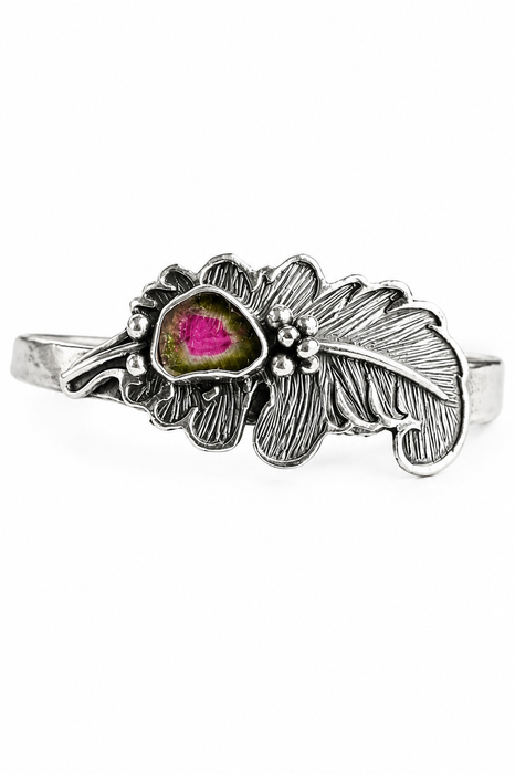 Hand Engraved Feather Cuff with Watermelon Tourmaline