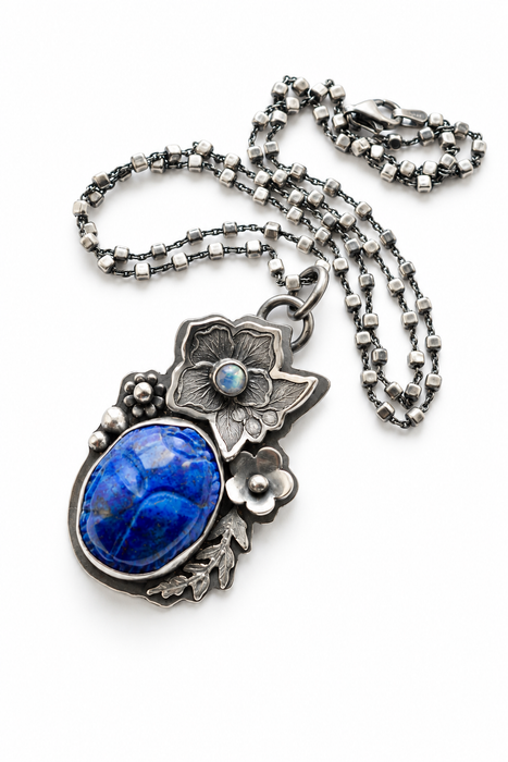 Carved Lapis Scarab & Moonstone Necklace