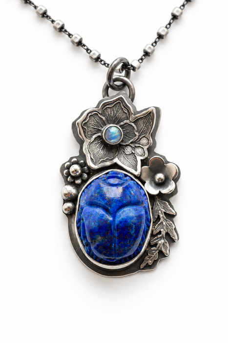 Carved Lapis Scarab & Moonstone Necklace