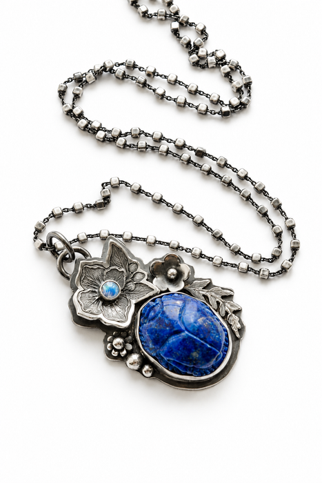 Carved Lapis Scarab & Moonstone Necklace