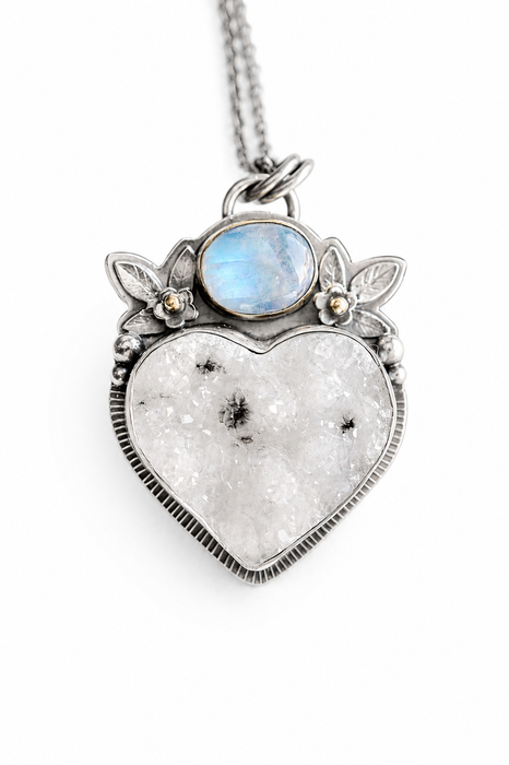 Druzy Agate and Moonstone Pendant in Silver and Gold