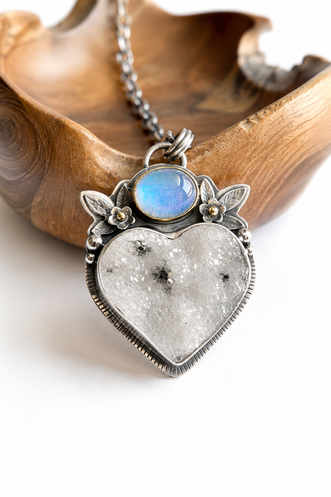 Druzy Agate and Moonstone Pendant in Silver and Gold