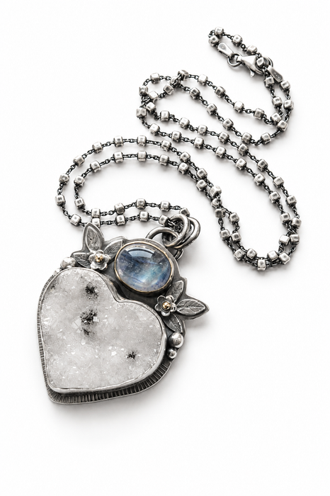 Druzy Agate and Moonstone Pendant in Silver and Gold
