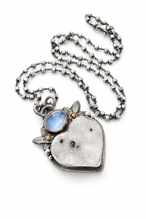 Druzy Agate and Moonstone Pendant in Silver and Gold