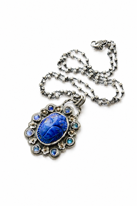 Lapis and Moonstone Scarab Necklace