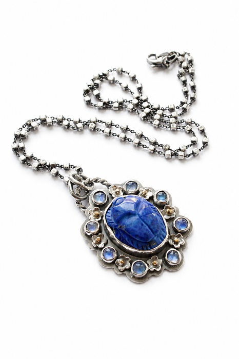 Lapis and Moonstone Scarab Necklace