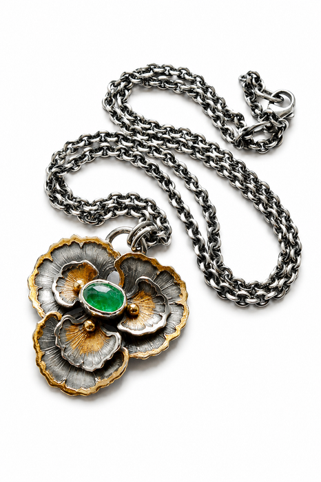 Emerald Gingko Pendant in Silver and Gold