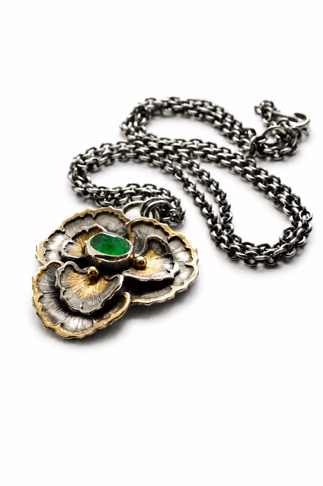 Emerald Gingko Pendant in Silver and Gold