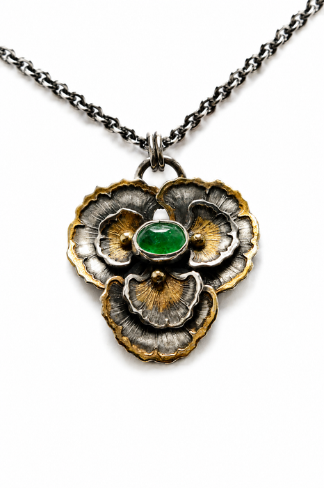Emerald Gingko Pendant in Silver and Gold
