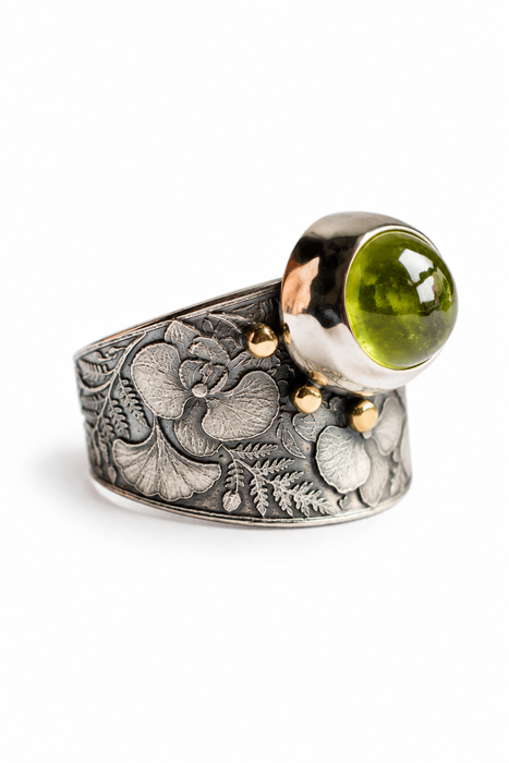 Peridot Botanical Ring in Silver and Gold